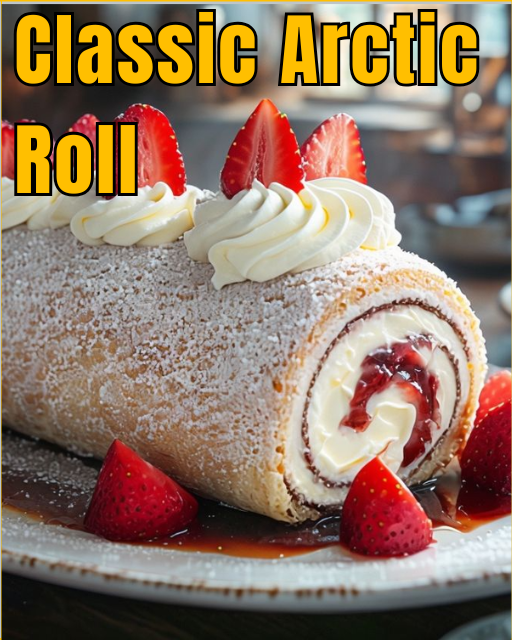 A sliced Arctic Roll with vanilla ice cream, sponge cake, and strawberry jam, dusted with powdered sugar and garnished with strawberries.