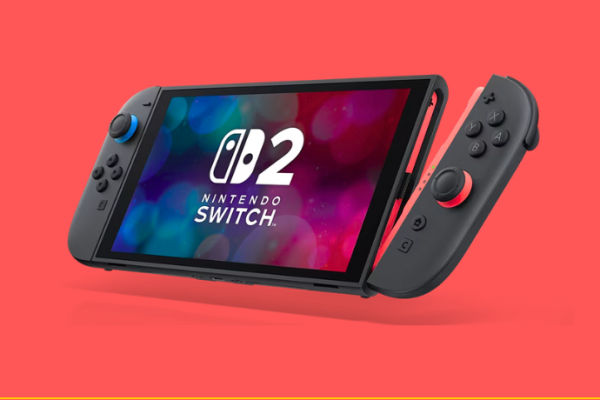 A close-up view of the Nintendo Switch 2 with new Joy-Con controllers and larger display