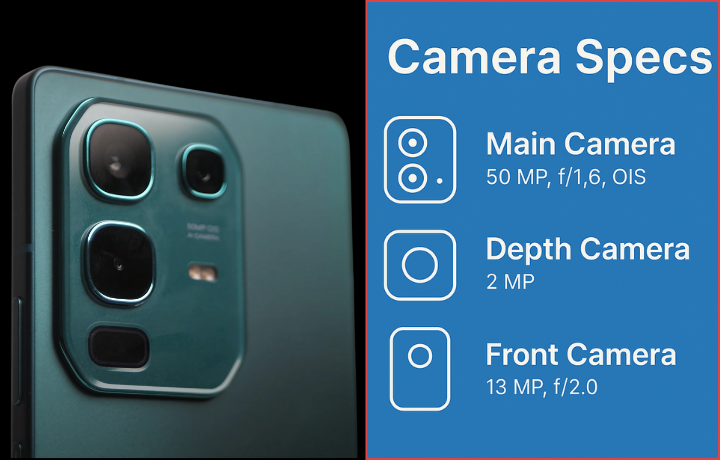 Infinix Note 50 smartphone in green with AMOLED display, dual cameras, and premium alloy frame placed on a wooden table.