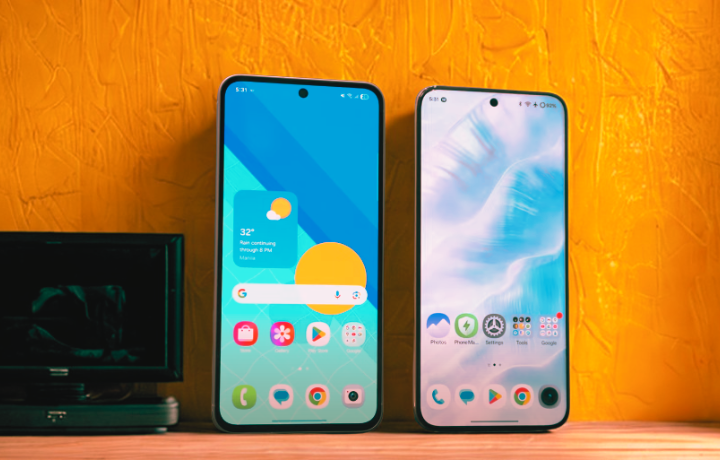 Side-by-side comparison of Samsung Galaxy A56 and Realme 14 Pro+ showcasing display, camera modules, and design highlights.