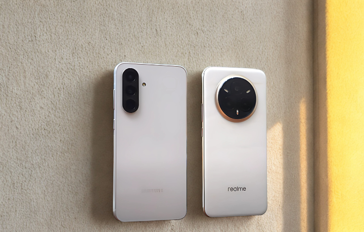 Side-by-side comparison of Samsung Galaxy A56 and Realme 14 Pro+ showcasing display, camera modules, and design highlights.
