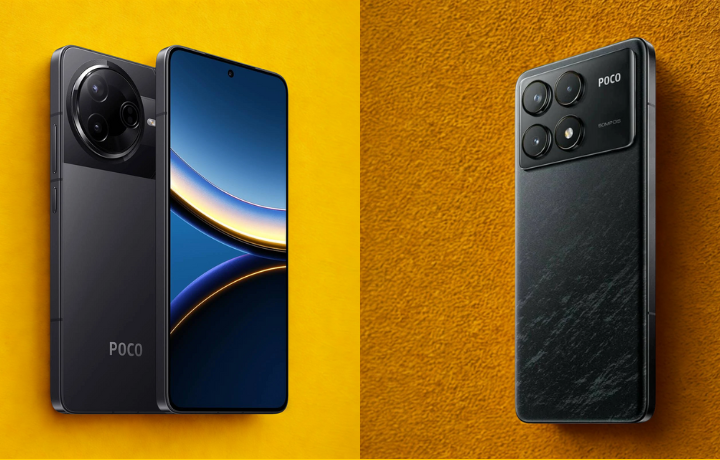 Poco F7 Pro and F6 Pro smartphones side by side showing their displays and camera modules.