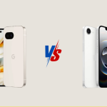 Side-by-side comparison of Google Pixel 9a and iPhone 16e showcasing displays, camera modules, and design differences.