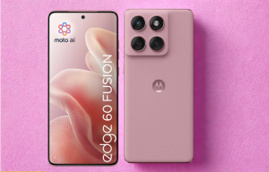 Motorola Edge 60 Fusion smartphone with vegan leather back, OLED display, and dual-camera setup