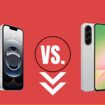 Side-by-side comparison of Samsung Galaxy A56 and iPhone 16e highlighting screen size, camera modules, and design differences.