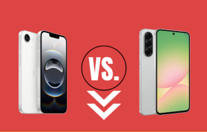 Side-by-side comparison of Samsung Galaxy A56 and iPhone 16e highlighting screen size, camera modules, and design differences.