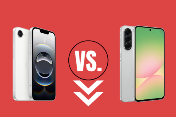 Side-by-side comparison of Samsung Galaxy A56 and iPhone 16e highlighting screen size, camera modules, and design differences.