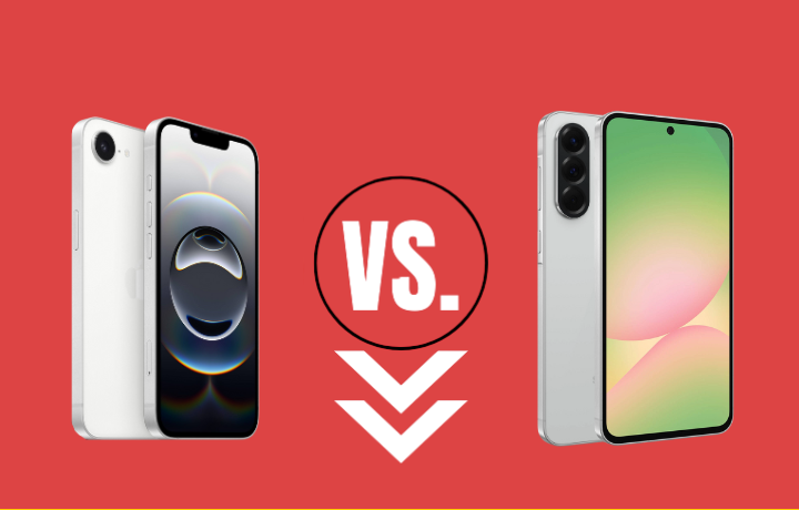 Side-by-side comparison of Samsung Galaxy A56 and iPhone 16e highlighting screen size, camera modules, and design differences.