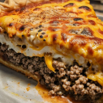 Sliced Pioneer Woman cheeseburger pie on a white plate with a side salad