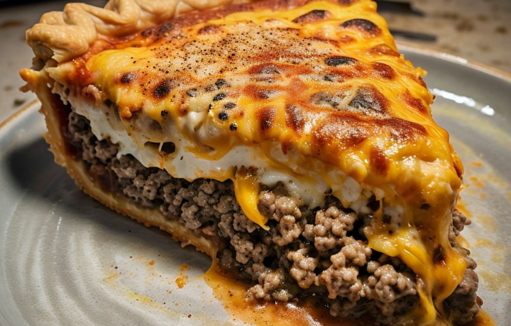 Sliced Pioneer Woman cheeseburger pie on a white plate with a side salad