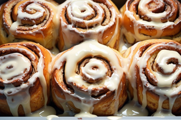 Freshly baked banana bread cinnamon rolls in a pan with cream cheese icing melting over the top