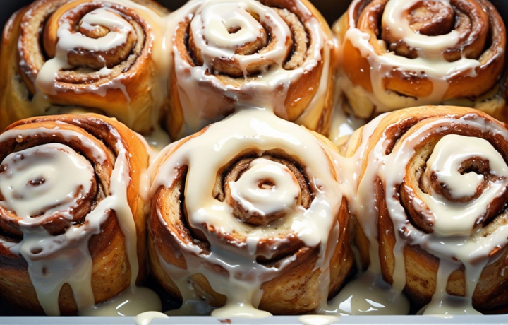 Freshly baked banana bread cinnamon rolls in a pan with cream cheese icing melting over the top
