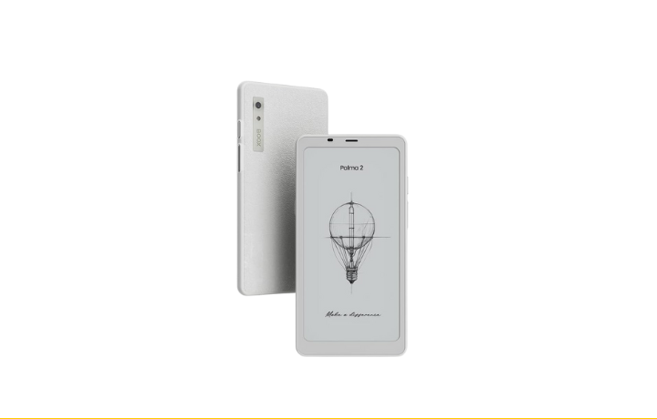Boox Palma 2 e-ink reader displaying home screen with front light enabled and minimal bezels