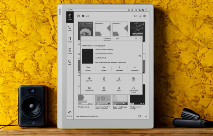 Slim and minimal Boox Go 10.3 E Ink tablet without front light, resting on a wooden desk