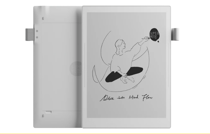 Supernote A5 X2 digital notepad shown with ceramic tip stylus and half-folio case on a desk.