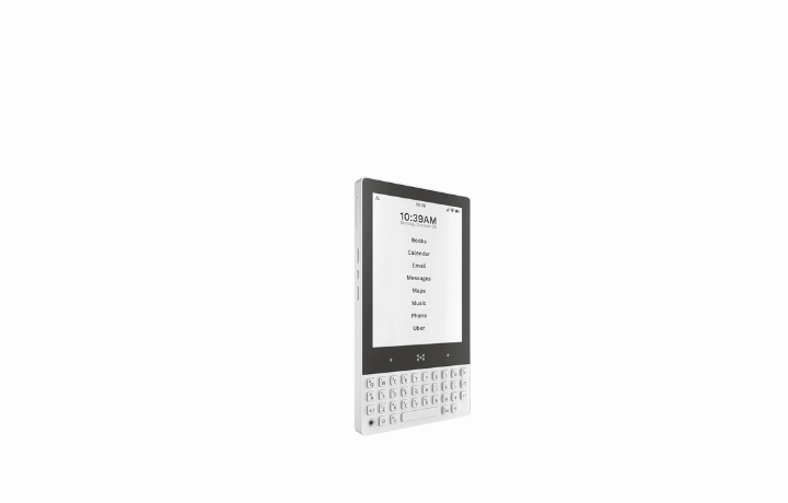 Minimal Phone MP01 front view with QWERTY keyboard and E Ink screen