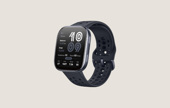 Front view of the Amazfit Bip 6 smartwatch showing AMOLED display and default watch face.
