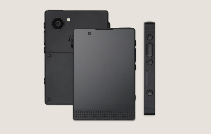 Front design of the Light Phone 3 showcasing its minimalistic OLED display and metal frame.